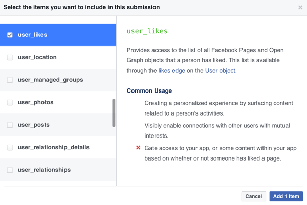 Vyberte položky, ktoré chcete zahrnúť do svojej aplikácie na Facebooku.