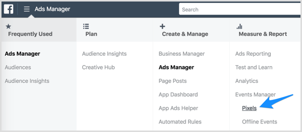 Pristupujte k pixelu na Facebooku prostredníctvom nástroja Ads Manager.