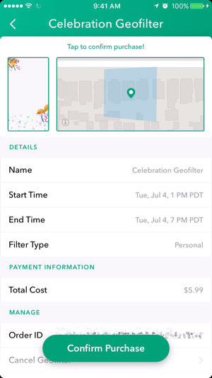 Klepnutím potvrdíte nákup svojho geofiltru Snapchat.