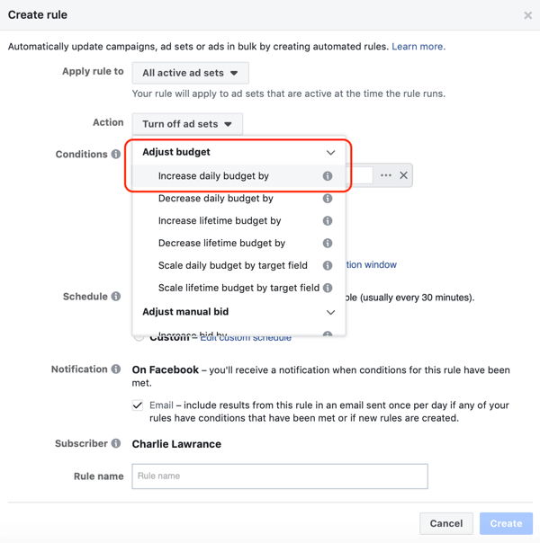 Používajte automatické pravidlá Facebooku, zvyšujte rozpočet, keď je ROAS väčší ako 2, krok 1, nastavte akciu