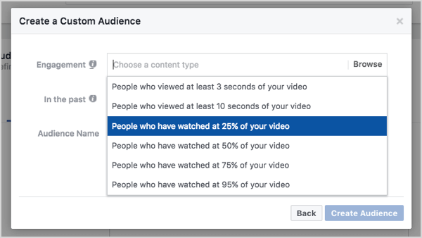 Vlastné publikum na Facebooku založené na 25% zhliadnutí videa.