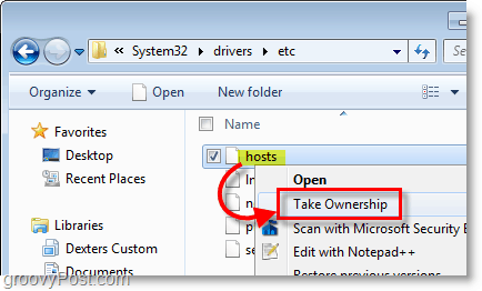 Snímka obrazovky systému Windows 7 - pomocou kontextového menu kliknutím pravým tlačidlom myši prevezmite vlastníctvo ľubovoľného súboru v systéme Windows 7