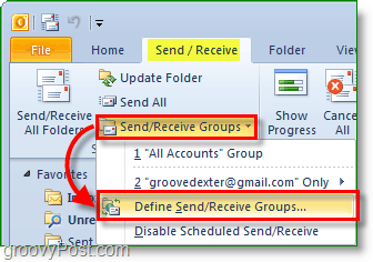 Snímka obrazovky programu Outlook 2010 – odosielanie a prijímanie skupín – definovanie skupín