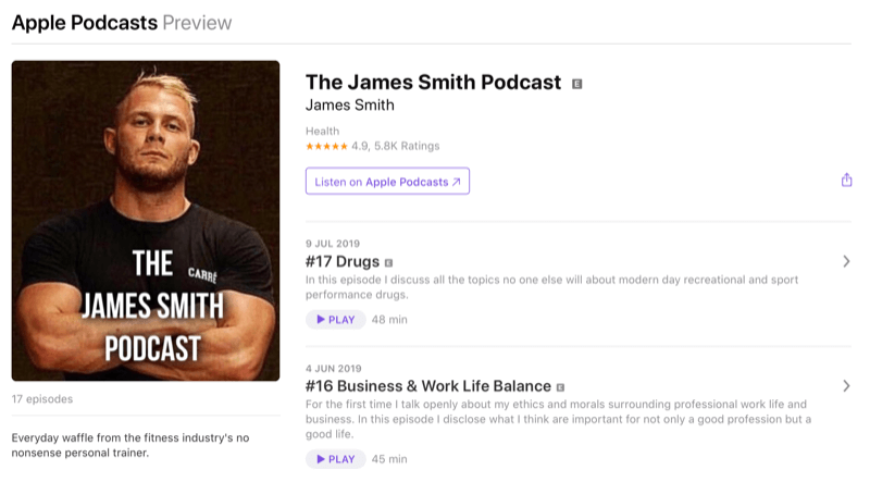 Marketingová stratégia sociálnych médií; Screenshot z podcastu Jamesa Smitha na Apple Podcasts. James je vo fitnescentre známym influencerom.
