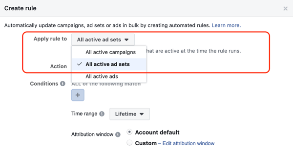 Používajte automatické pravidlá Facebooku, zastavte nastavovanie reklám, keď sú výdavky dvojnásobné a menej ako jeden nákup, krok 1, použite pre všetky reklamné sady