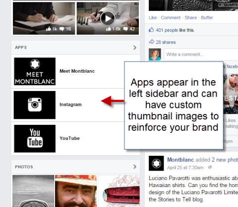 sociálne aplikácie na ľavom bočnom paneli stránky na Facebooku