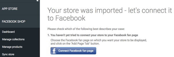 Po importovaní vášho obchodu prostredníctvom aplikácie StoreYa skontrolujte, či je pripojený k Facebooku.