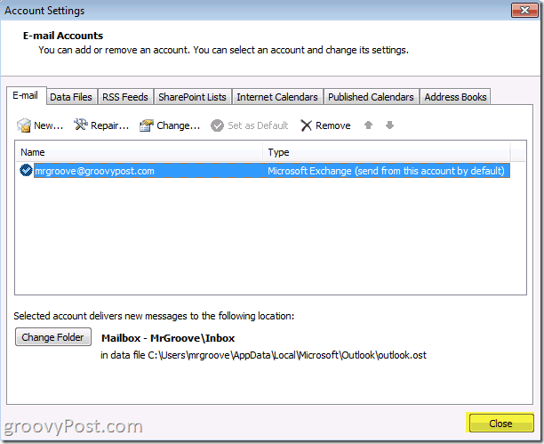 Tlačidlo zavrieť snímku programu Outlook 2010 na uloženie úspor účtu