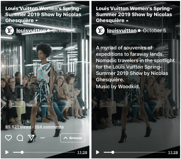Príklad šou IGTV od Louis Vuitton na ich ženskú módnu prehliadku jar-leto 2019.