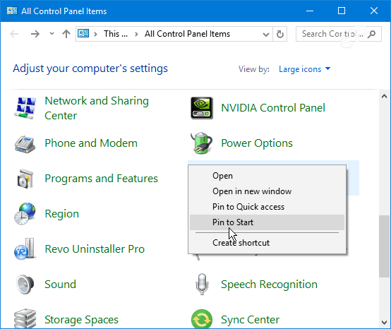 Pripnúť Ovládací panel Položka Windows 10 Štart