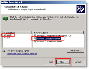 Sprievodca pridaním hardvéru systému Windows: Pridať sieťový adaptér Loopback