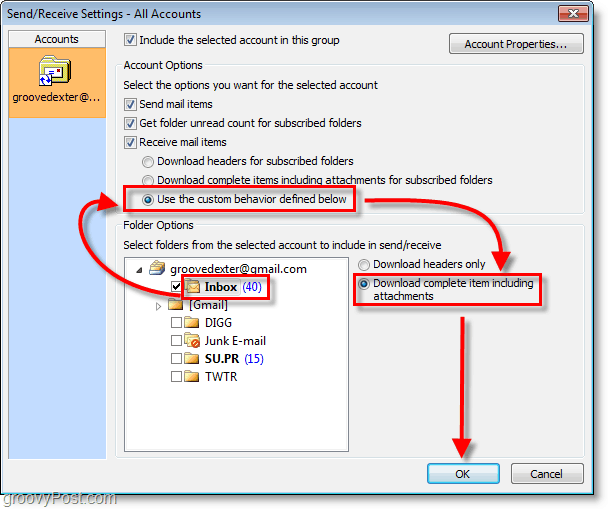 Snímka obrazovky programu Outlook 2010 – sťahovanie dokončenej položky s použitím vlastného správania doručenej pošty