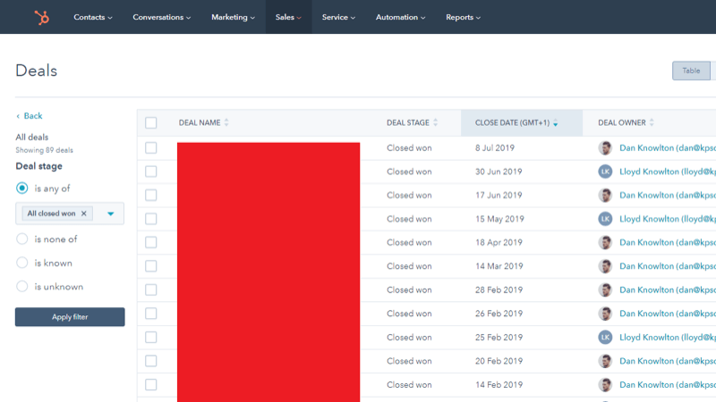 Screenshot softvéru spoločnosti HubSpot na bezplatné riadenie vzťahov so zákazníkmi (CRM).