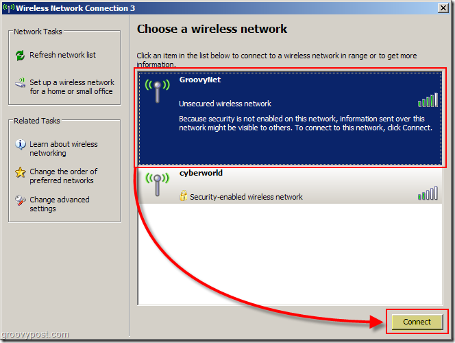Ponuka systému Windows XP na výber snímky bezdrôtovej siete:: groovyPost.com