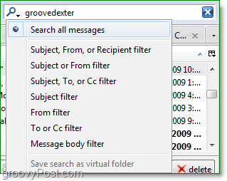 obrázok vyhľadávacieho poľa a filtre v Thunderbird 3