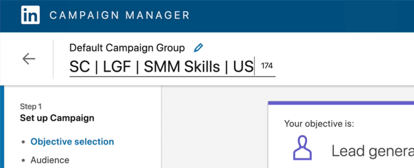 snímka obrazovky s kampaňou LinkedIn upravenou na „SC | LGF | Zručnosti SMM USA '