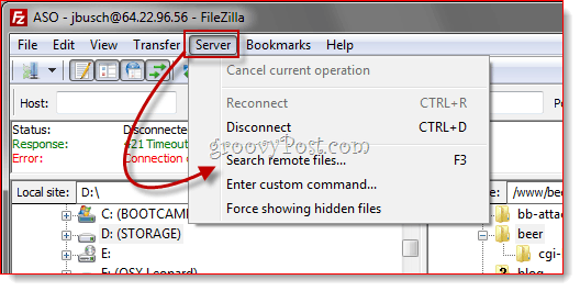 Vzdialené vyhľadávanie súborov FTP FileZilla