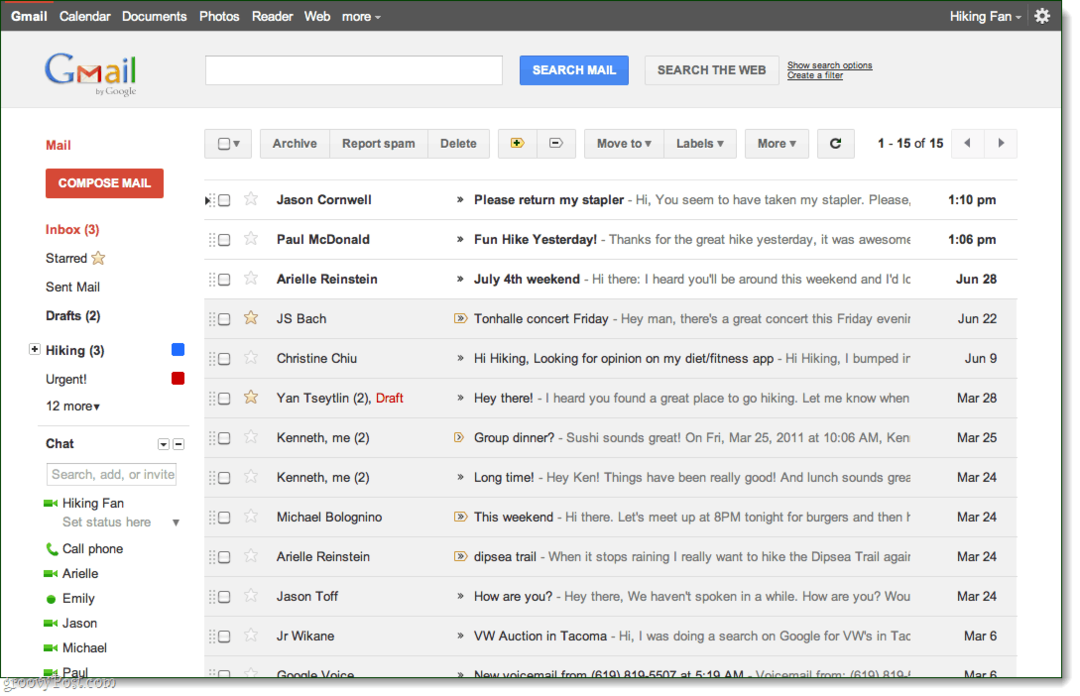 Zobrazenie doručenej pošty v Gmaile, ukážka témy