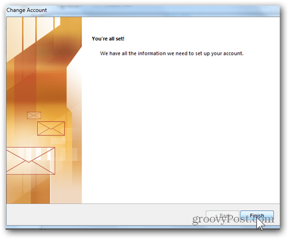Pridať poštovú schránku Outlook 2013 - Kliknite na tlačidlo Dokončiť