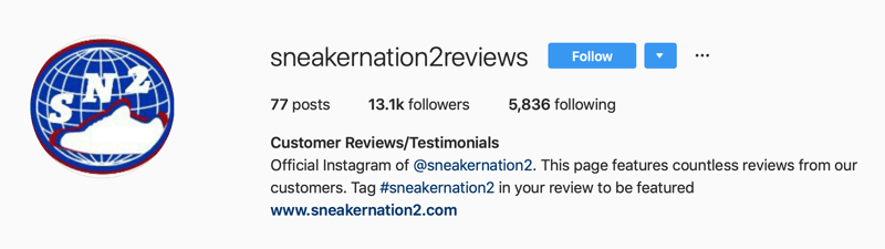 sekundárny účet Instagram pre recenzie SneakerNation2