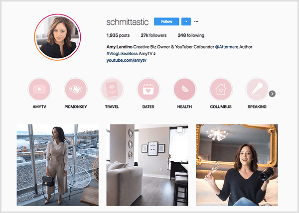 Instagramový profil Amy Landino používa rukoväť schmittastic. Jej profil na Instagrame zobrazuje zvýraznené kategórie pre AmyTV, Picmonkey, Cestovanie, Dátumy, Zdravie, Kolumbus a Hovorenie. Fotografie zobrazujú obrázky Amy.