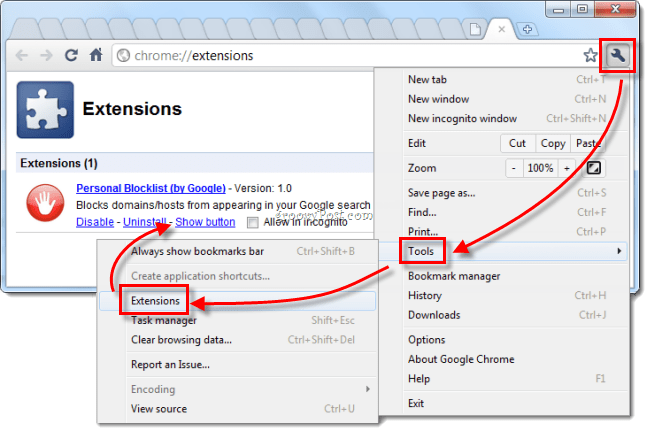 Prehliadač Google Chrome na správu rozšírení vracia červené tlačidlo