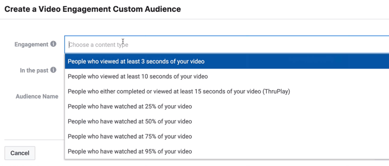 Rozbaľovacia ponuka Engagement v okne Create a Video Engagement Custom Audience