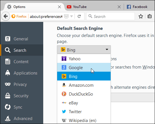 nastaviť vyhľadávač Firefox