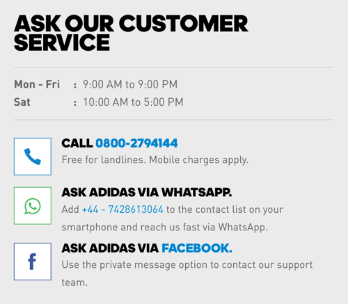 Okrem telefónneho čísla obsahuje Adidas aj odkazy na WhatsApp a Facebook Messenger pre možnosti starostlivosti o zákazníka.