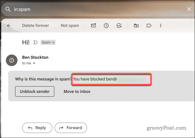 Príklad zablokovaného e-mailu v Gmaile