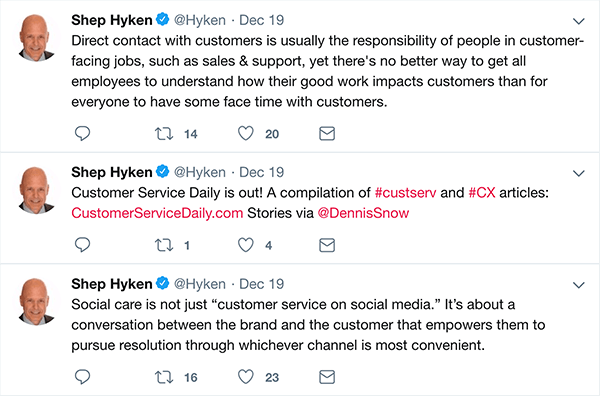 Toto je screenshot troch tweetov, ktoré Shep Hyken vytvoril o službách zákazníkom.