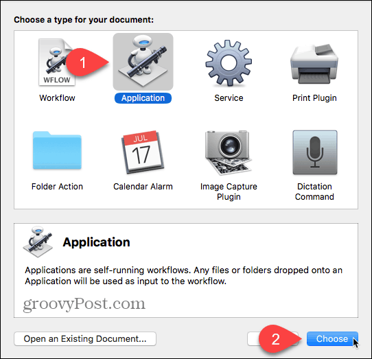 V aplikácii Automator vyberte možnosť Typ aplikácie