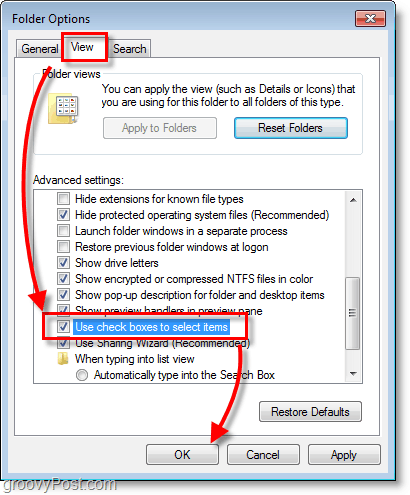 Snímka obrazovky systému Windows 7 - zobrazenie možností priečinka a začiarknutie políčok na výber položiek