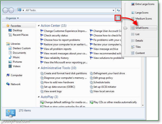 Snímka obrazovky systému Windows 7 - hotovo, prepnite na zobrazenie malých ikon