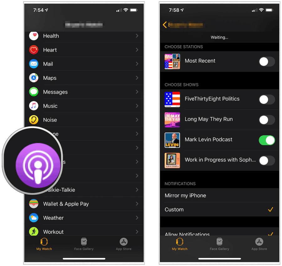 Aplikácia podcastov Apple Watch