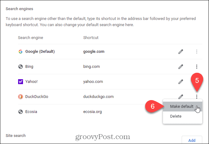 Vyberte možnosť Nastaviť ako predvolený pre vyhľadávací nástroj, ktorý chcete nastaviť ako predvolený na stránke Nová karta v prehliadači Chrome