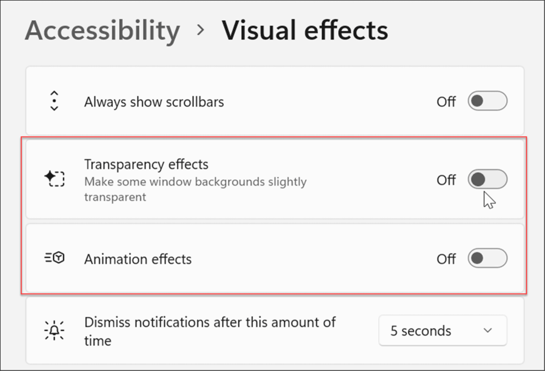 Nastavenia vizuálnych efektov dostupnosti systému Windows 11