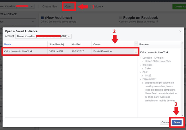 Vyberte svoje uložené publikum a kliknite na Otvoriť.
