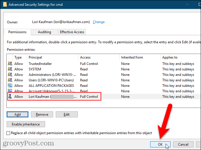 Zatvorte dialógové okno Rozšírené nastavenia zabezpečenia v databáze Registry systému Windows