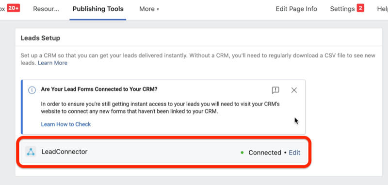 Facebook vedie reklamy možnosť viesť formulár pre pripojenie leadconnector v ponuke nastavenia potenciálnych zákazníkov na karte Nástroje pre publikovanie, čo umožní vášmu CRM okamžitý prístup k potenciálnym zákazníkom v reklamnej kampani