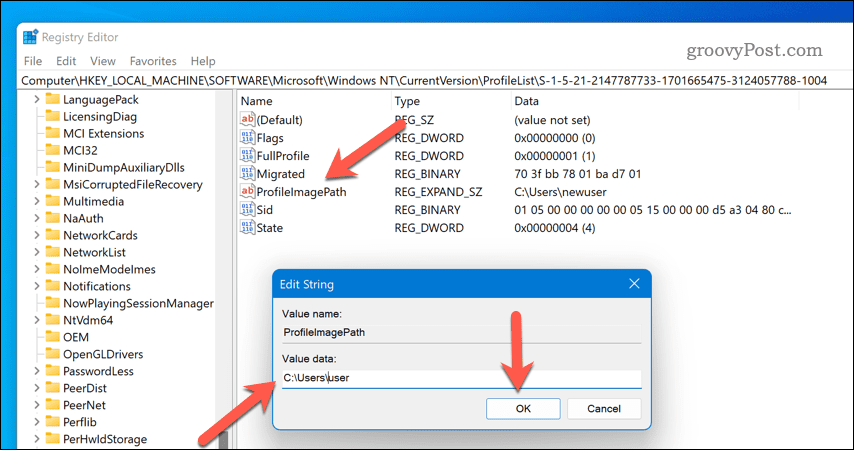 Premenujte cestu používateľského profilu v systéme Windows 11 regedit