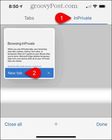 Klepnite na InPrivate, potom klepnite na Nová karta v Edge pre iOS