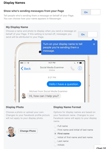 Facebook umožňuje správcom stránok zvoliť si svoje zobrazované meno, keď používajú Messenger v mene svojej stránky alebo firmy.