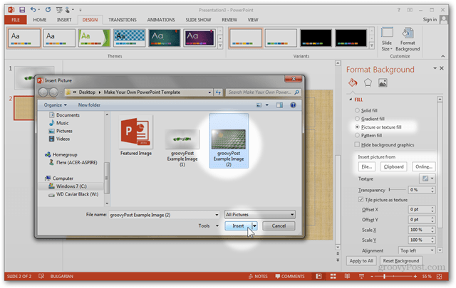 Vytvorenie šablóny balíka Office 2013 Prispôsobenie vlastného dizajnu POTX Prispôsobenie snímok Prezentácia Výučba Ako formátovať import obrázka vlastného obrázka na pozadí