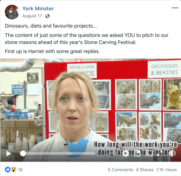 Príklad príspevku na Facebooku podporujúceho AMA od York Minster.