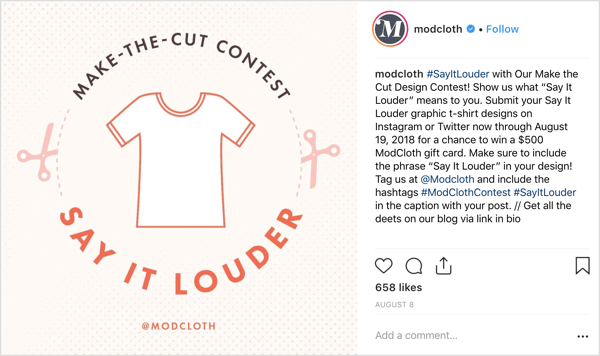 ModCloth požiadal používateľov Instagramu, aby sa podelili o svoje vlastné dizajny v originálnych príspevkoch, a ponúkol štedrú motiváciu (v pomere k zadaniu): šancu vyhrať darčekovú kartu vo výške 500 dolárov.
