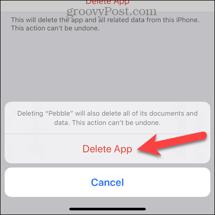 Klepnite na Odstrániť aplikáciu v dialógovom okne potvrdenia pre iPhone