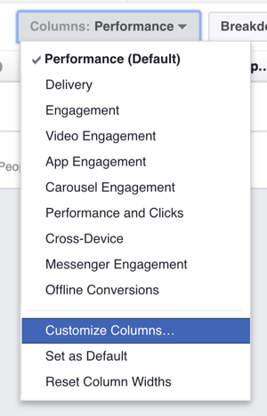 Môžete prispôsobiť stĺpce zobrazené v tabuľke s výsledkami reklamy na Facebooku.