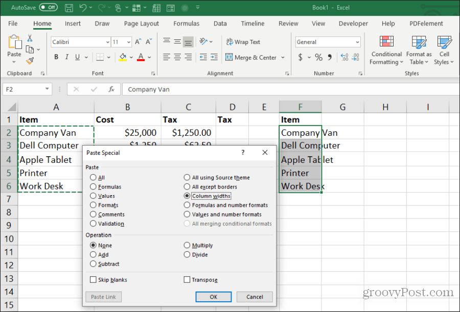 šírka prilepenia stĺpca v Exceli