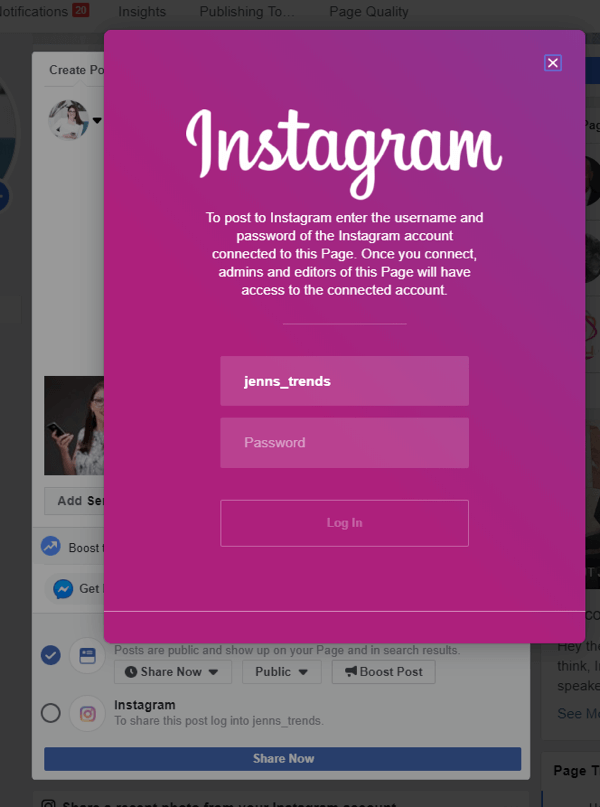 Ako pridávať príspevky do služby Instagram z Facebooku na pracovnej ploche, krok 4, prihlásiť sa do služby Instagram